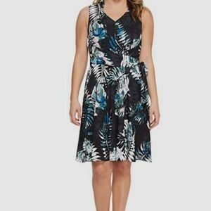 Tahari Black and Green Leaf Print Dress